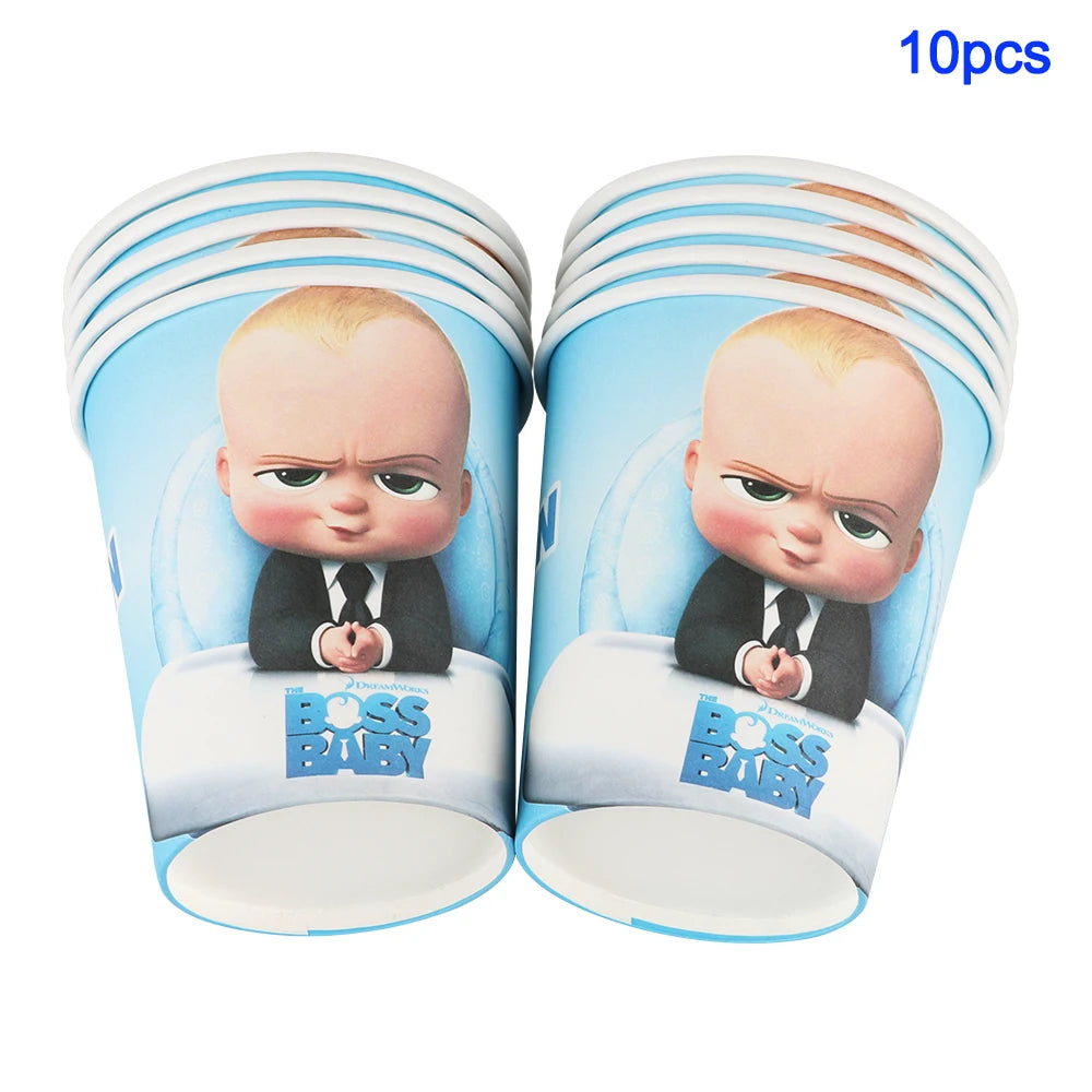 A pair of Boss Baby themed disposable cups or containers for party decorations.