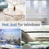 Rainbow holographic privacy window film applied to a glass table, cabinet window, fish tank, and car sunroof.