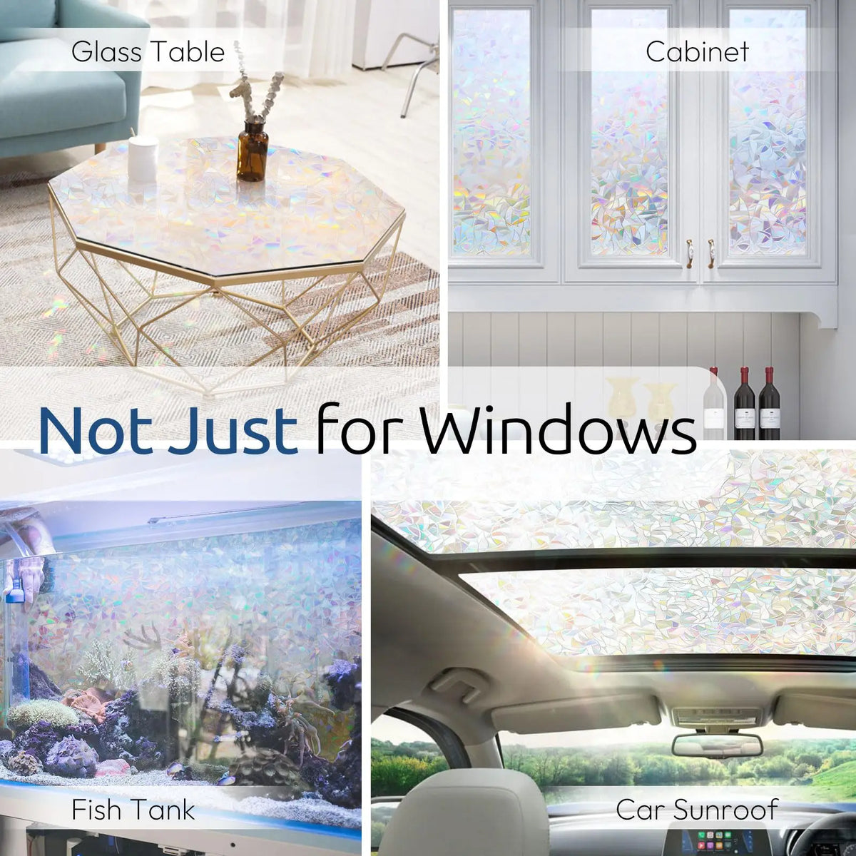Rainbow holographic privacy window film applied to a glass table, cabinet window, fish tank, and car sunroof.