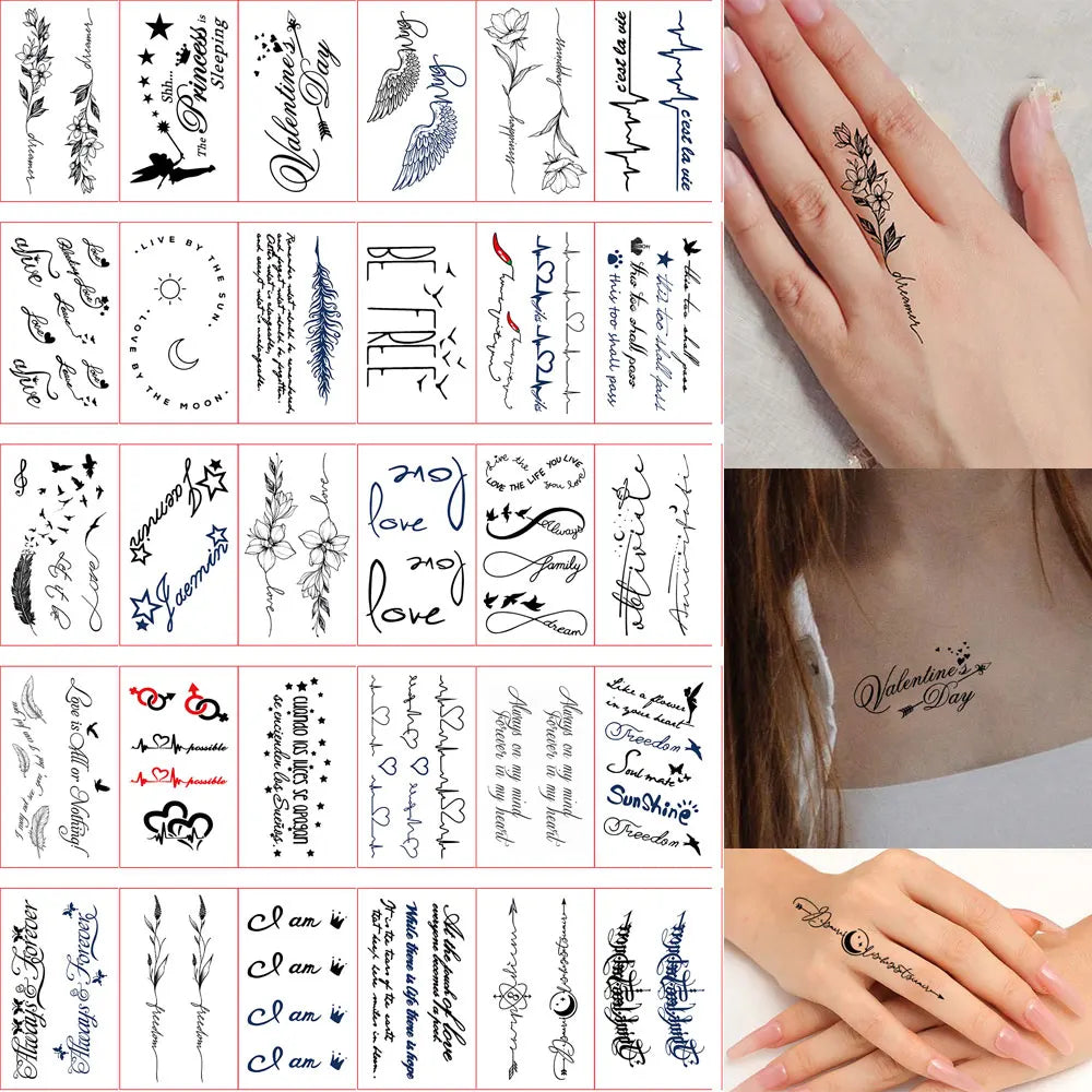 A collection of 30 waterproof temporary body art stickers featuring various script and floral designs on skin.