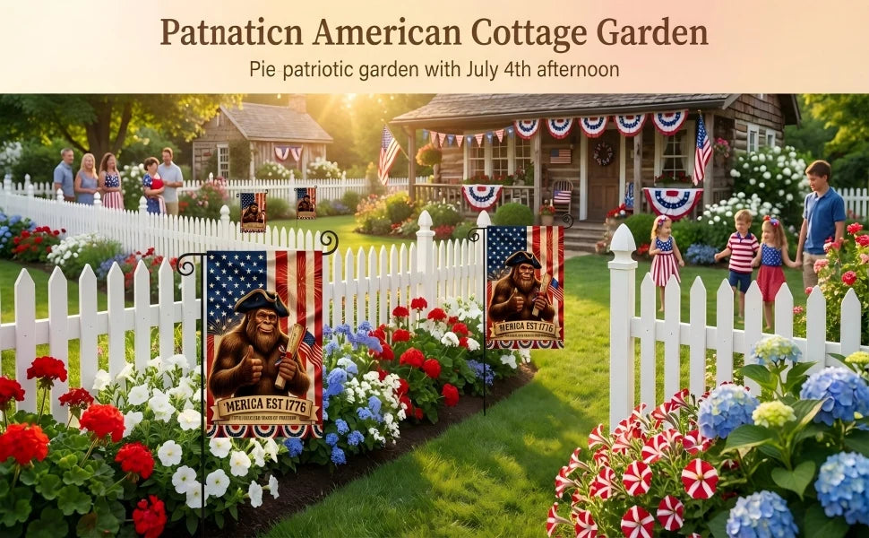 A patriotic garden scene featuring a white picket fence, colorful flowers, and a wooden house decorated with American flags.