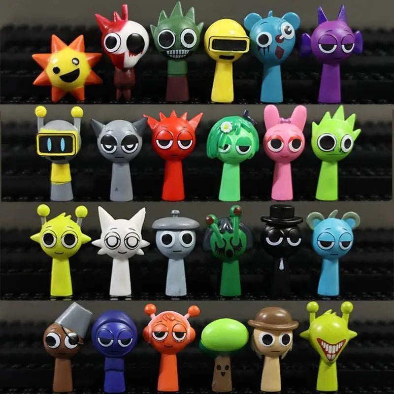 A collection of colorful handcrafted musical figurines featuring various animals and characters.