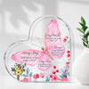 Heart-shaped acrylic desk decor featuring pink and green floral designs with Bible verses
