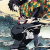 Anime style illustration of a male character with spiky black hair wearing a dark uniform and holding a sword against a natur
