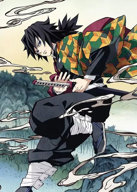 Anime style illustration of a male character with spiky black hair wearing a dark uniform and holding a sword against a natur