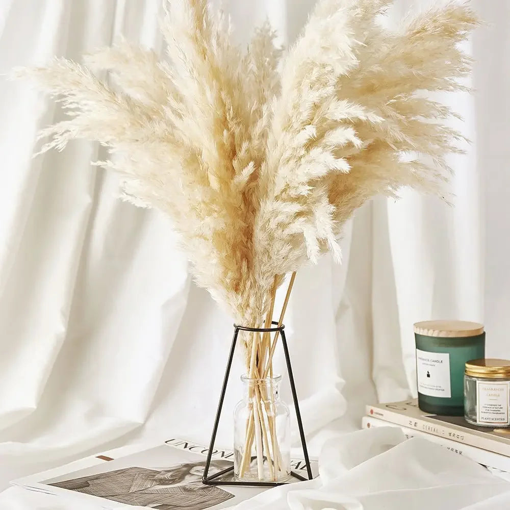 A bouquet of dried beige pampas grass arranged in a clear glass vase on a wooden surface.