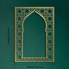 A rectangular metal wall art piece featuring an arched Islamic geometric pattern in a gold tone.
