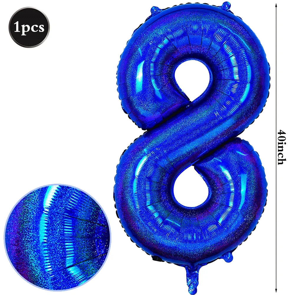 A large, iridescent blue foil number balloon shaped like the number 8 for birthday and party decor.