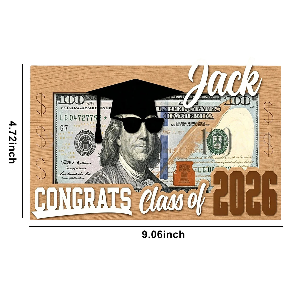 A wooden graduation sign featuring a portrait of Jack surrounded by US currency and the text Congrats Class of 2026