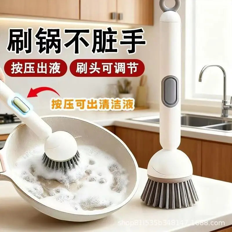 A white long-handled brush with a cleaning head is shown in a kitchen context, demonstrating its use for washing dishes.