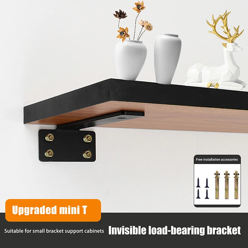 Invisible load-bearing bracket for a mini T floating shelf with decorative vase and deer figurine