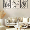 A set of three black line art prints depicting holding hands, a heart, and a profile face, displayed on a light-colored wall.