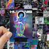 A colorful graphic decal sticker featuring a figure with glowing purple and green light against a dark background.