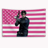 A banner featuring a pink and white striped American flag design with a character in a dark uniform.