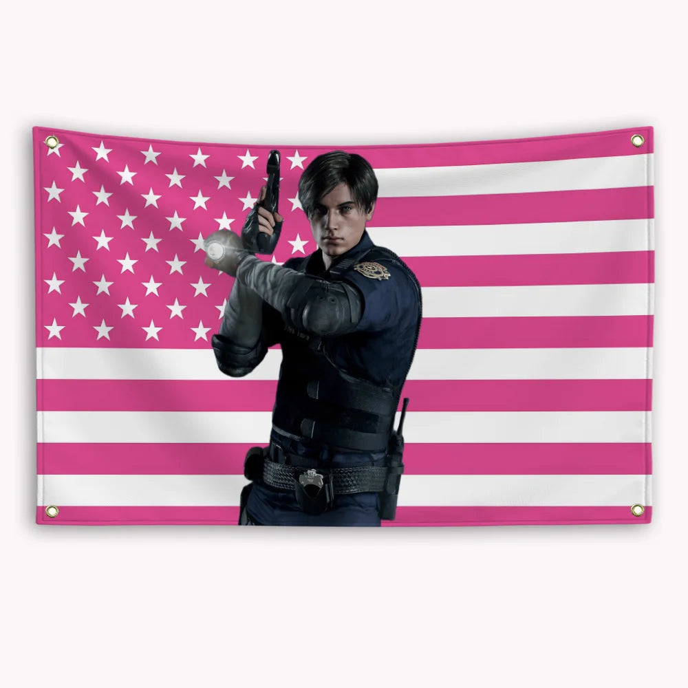 A banner featuring a pink and white striped American flag design with a character in a dark uniform.