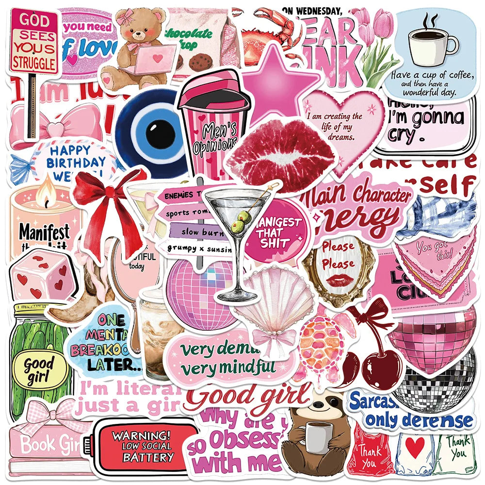 A collection of pink inspirational girl stickers featuring various phrases and cute illustrations.