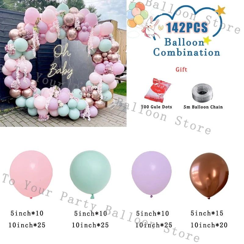 A balloon garland arch made of pink and blue balloons for parties, including a kit with various sizes.