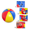 A colorful inflatable pool party ball shown with four steps demonstrating how to inflate it.
