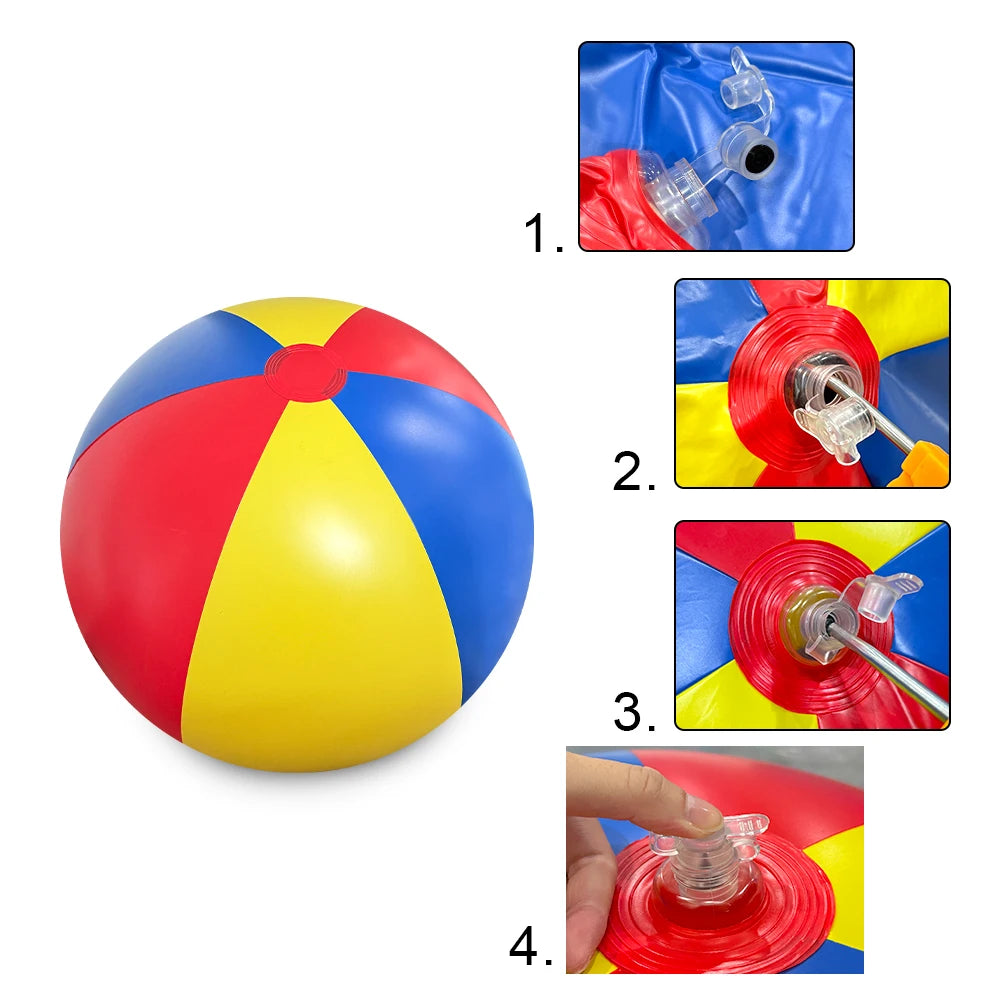 A colorful inflatable pool party ball shown with four steps demonstrating how to inflate it.