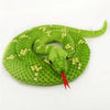 A bright green, lifelike snake plush toy with yellow markings coiled on a white background.