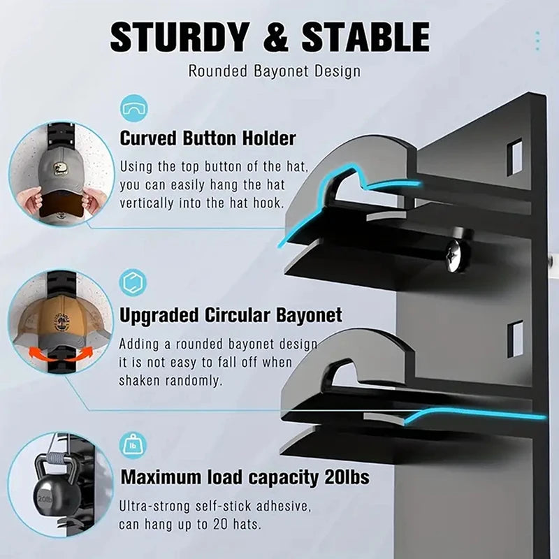 A wall mounted hat storage organizer featuring a curved button holder and an upgraded circular bayonet design for sturdy hat 