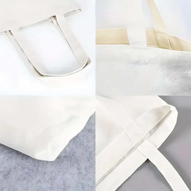 A white festive Christmas tote bag with a holiday design shown in multiple angles.