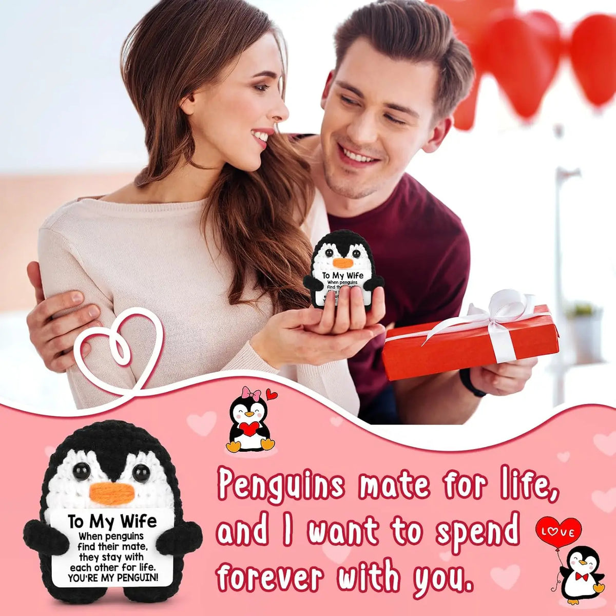 A couple holding a red gift box and a crochet penguin plush doll with a heart design.
