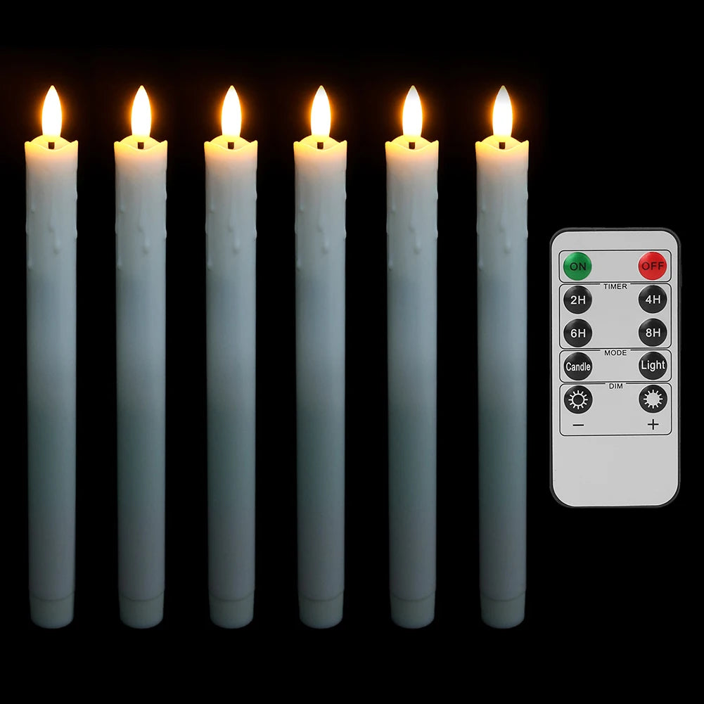 Five white taper candles are shown, each with a glowing flame and a control panel for timer settings.