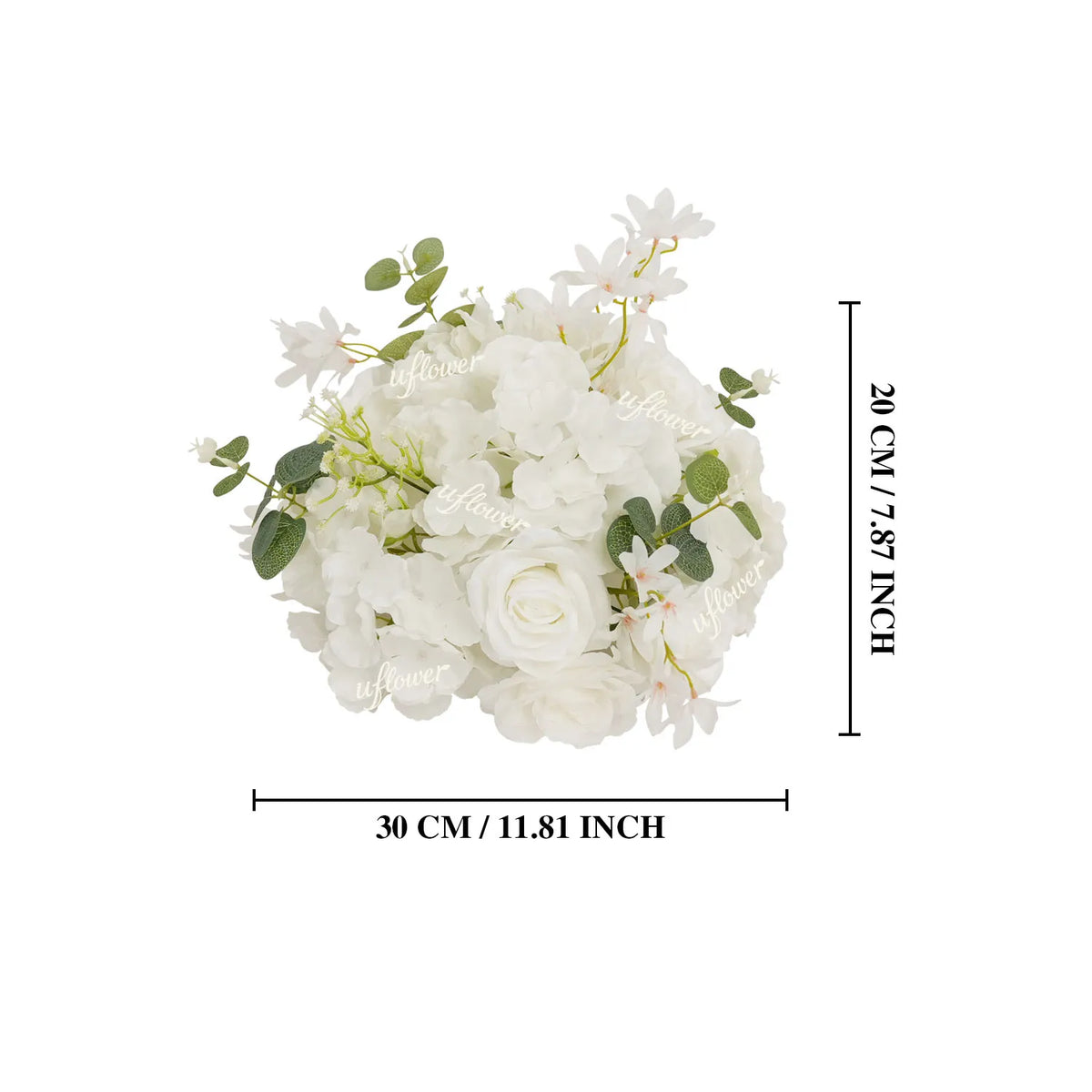 A white flower ball centerpiece featuring silk champagne roses and hydrangea blooms.