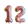 Two foil number balloons shaped like 1 and 2 in pink and silver colors