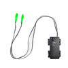 A black wire with two green LED lights and a rectangular control box for Halloween decor