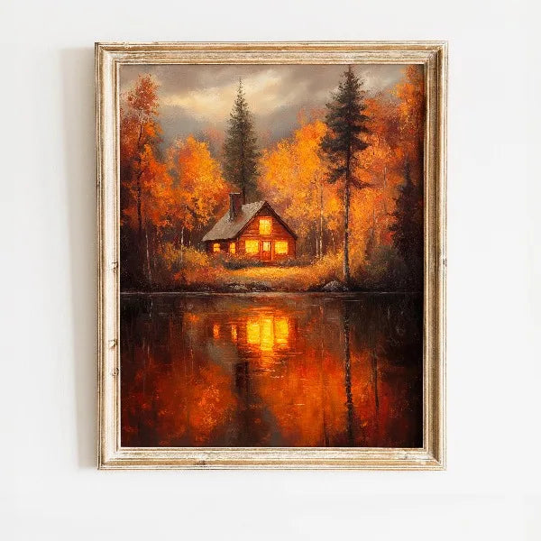 Oil painting of an autumn forest landscape with vibrant orange and yellow foliage reflecting in calm water.