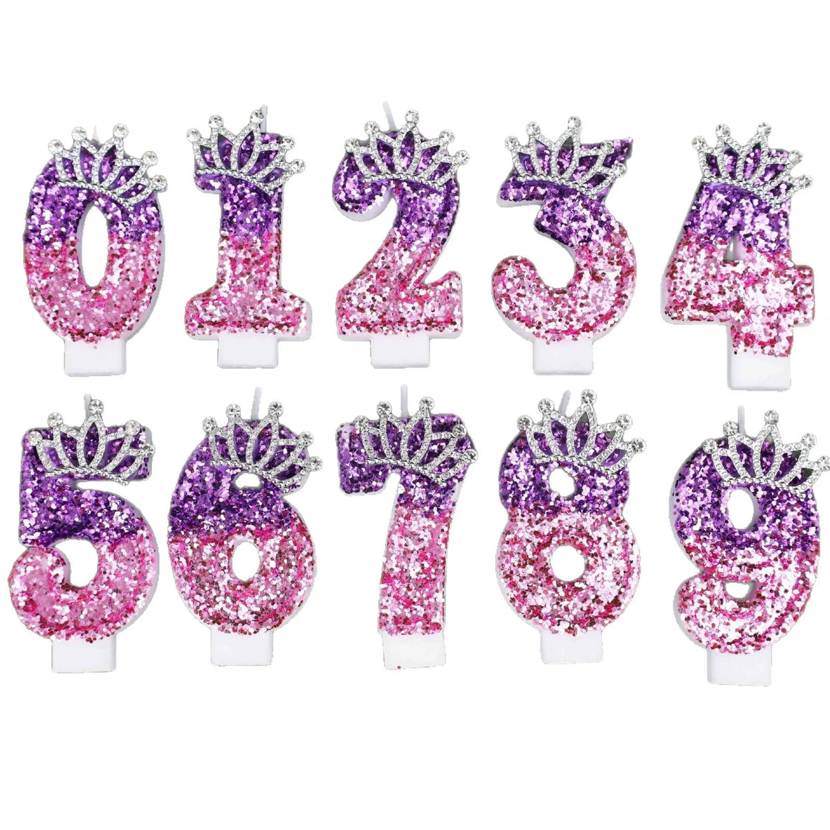 A set of glitter number birthday candle toppers in various colors and designs with rhinestone crowns.
