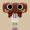 A brown plush toy resembling a character doll with large black eyes and pink star accents, wearing a white top and striped le
