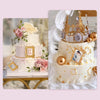 A tiered white cake decorated with pink roses and gold accents, next to a set of silicone frame molds.