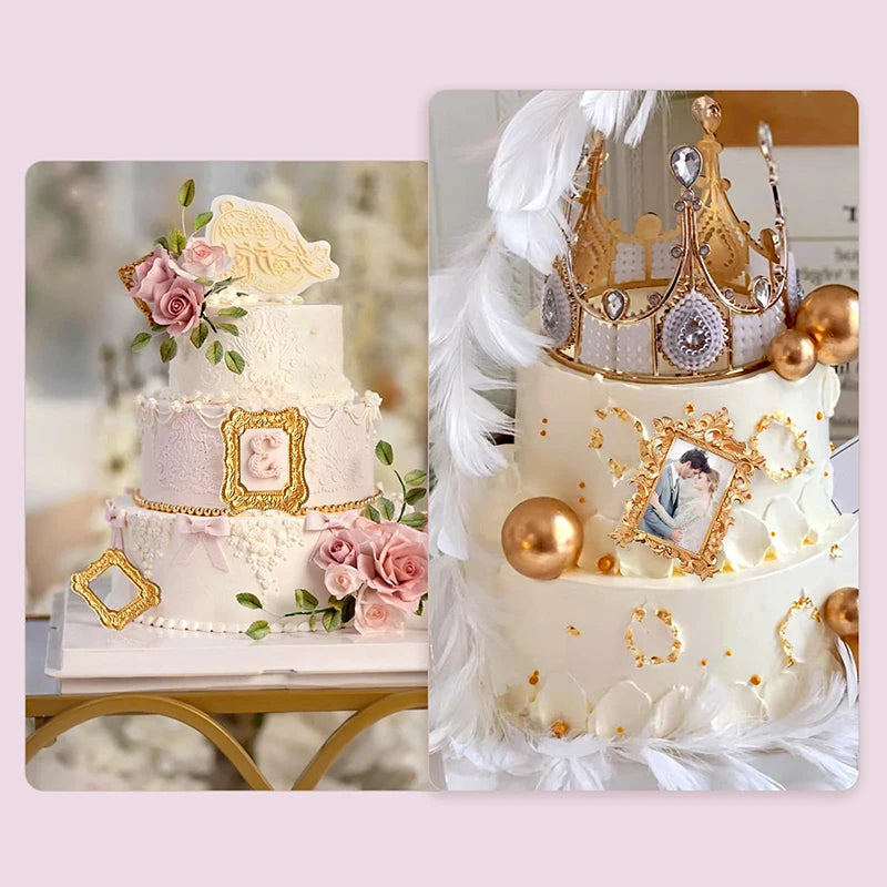 A tiered white cake decorated with pink roses and gold accents, next to a set of silicone frame molds.