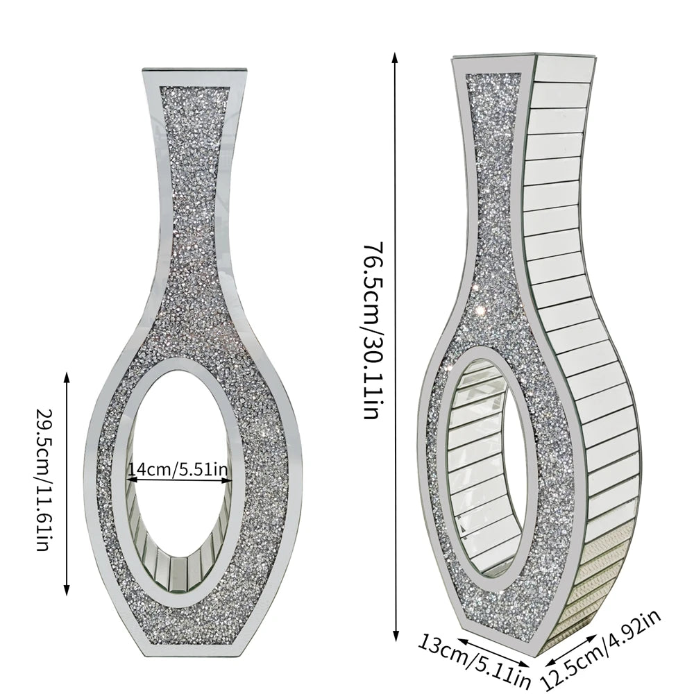 Tall silver mirrored vase with crushed diamond finish featuring a narrow neck and flared base.