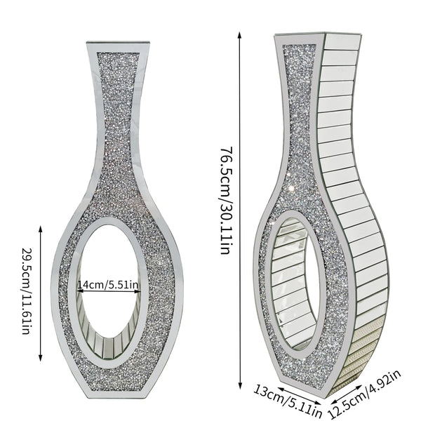 Tall silver mirrored vase with crushed diamond finish featuring a narrow neck and flared base.
