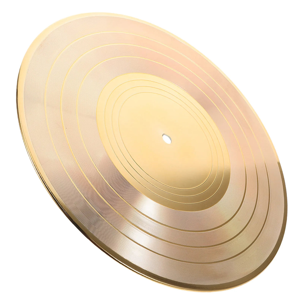 A gold-colored vinyl record with concentric grooves is shown from an angle.