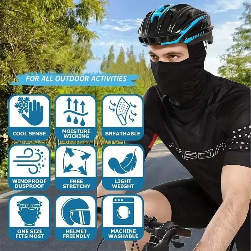 A man wearing a black full-face mask and helmet is shown outdoors, highlighting features like breathability and lightweight d