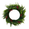 A 10-inch artificial Christmas wreath made of green foliage decorated with red berries and a velvet bow.