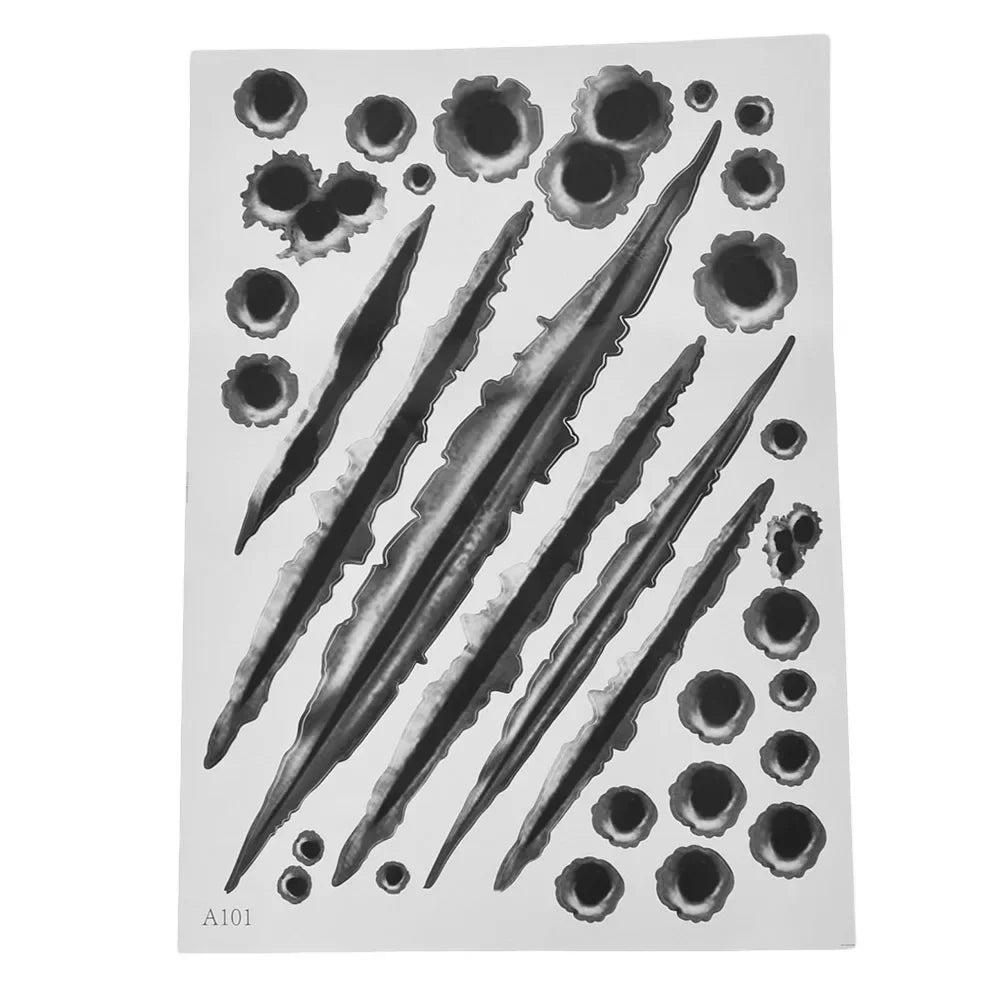 A realistic black vinyl decal of a bullet hole design on a white background.