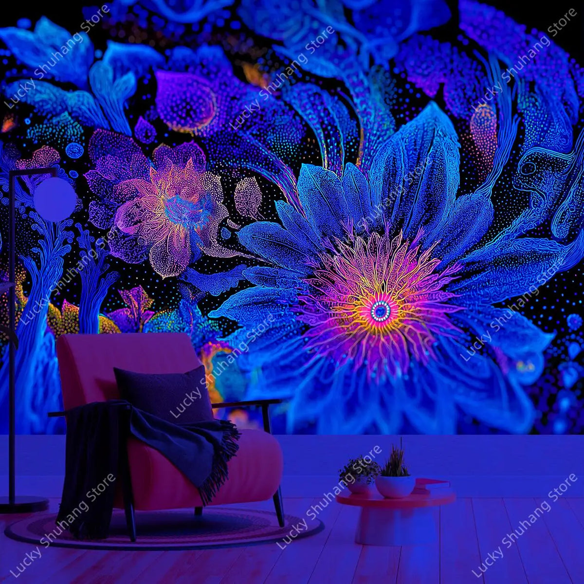 A vibrant blue and purple psychedelic tapestry featuring glowing geometric patterns displayed in a room.