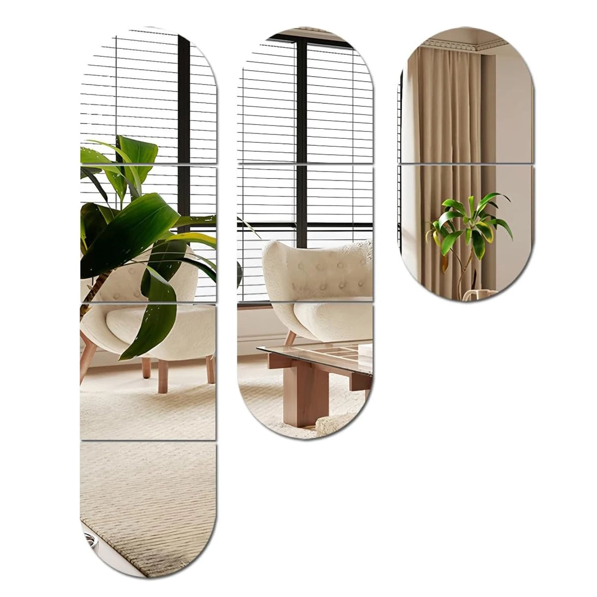 HD acrylic mirror wall stickers showing a modern interior with window blinds, a light sofa, and indoor plants.