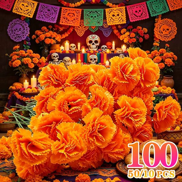 Artificial Marigold Flowers with Stems for Day of the Dead Decorations