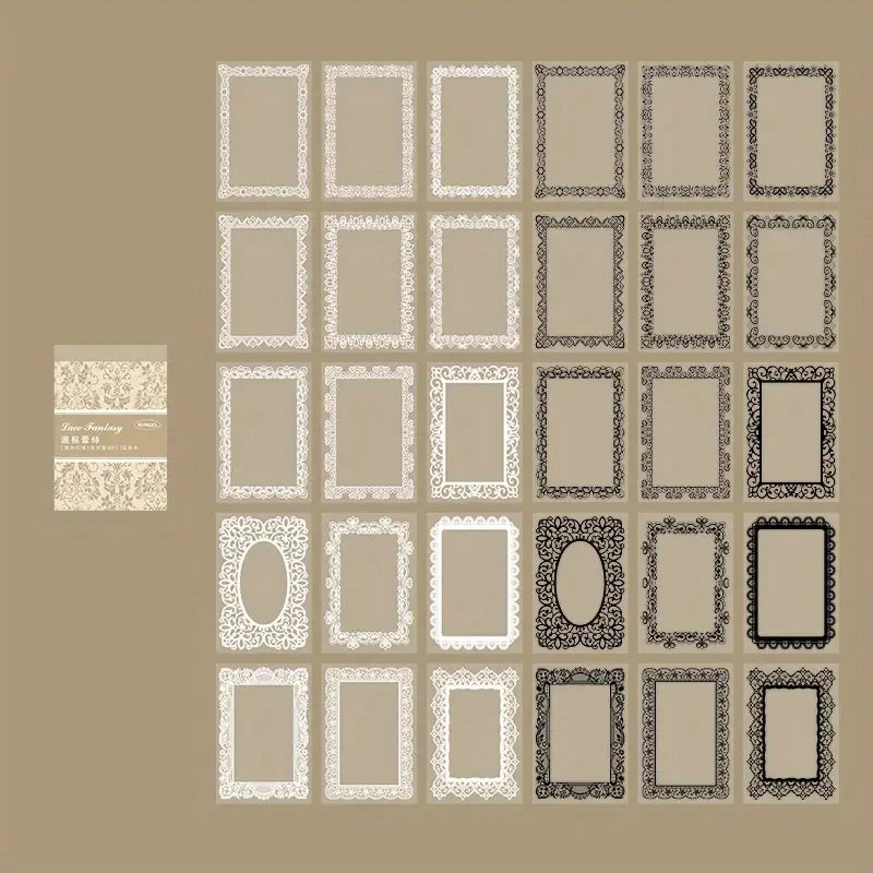 A grid display of various vintage lace-edged stickers and decorative borders in beige, cream, and black tones.