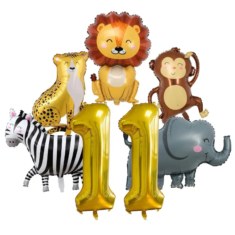 Jungle safari birthday decor set featuring foil balloons of a lion, zebra, and elephant.