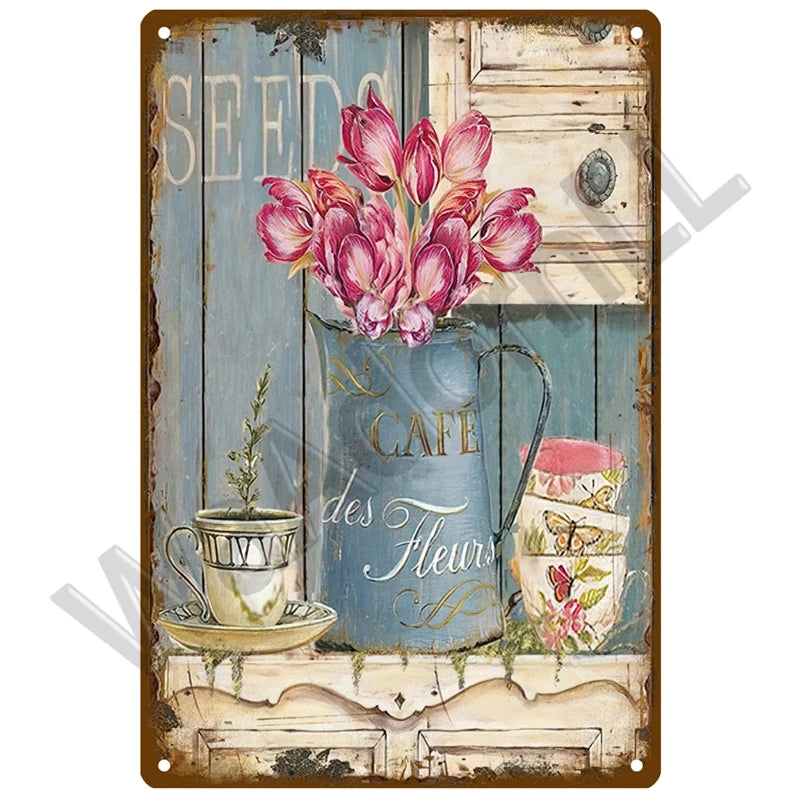 A vintage metal sign featuring a pink tulip bouquet in a blue jug and floral accents.