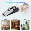 A portable dual door stop security alarm device shown next to a woman sleeping, with images of home life, business hotel, and
