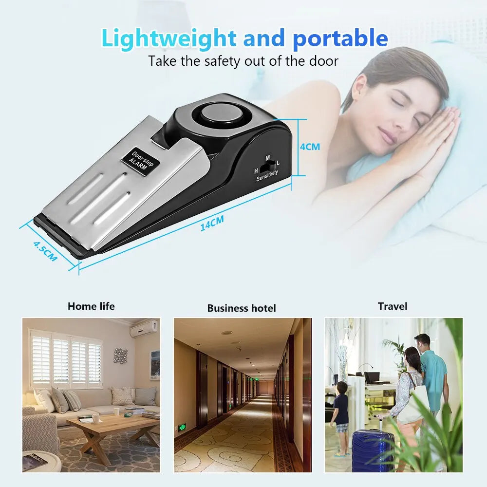 A portable dual door stop security alarm device shown next to a woman sleeping, with images of home life, business hotel, and